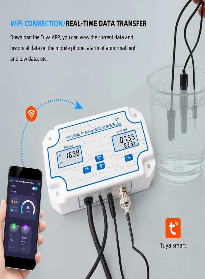 Yewhick WiFi Pool Salt Tester and pH Monitor, Aquarium pH Monitor with pH Controller Online, Salinity Tester for Saltwater Pool Koi Fish Pond Aquaculture Aquarium Desalination Tuya APP Control - Image 4